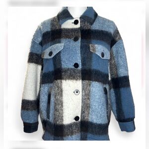 Zara Wool Blend Plaid Shacket Blue Oversized Coat Small